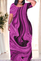 Purple Casual Print Patchwork O Neck Long Dresses