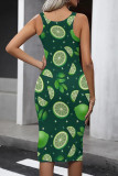 Green Street Print Patchwork U Neck Wrapped Skirt Dresses
