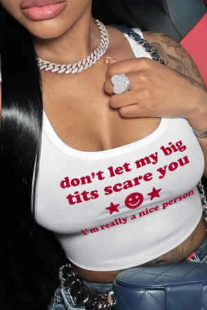 White Sexy Letter Print Patchwork U Neck Tops