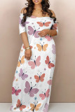 Rainbow Color Casual Butterfly Print Patchwork Off Shoulder Long Dresses