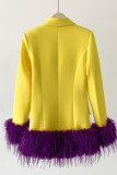 Yellow Feathers Decor Turn-back Collar Long Sleeve Formal Office Lady Blazer Jackets