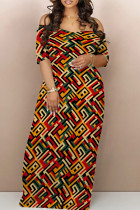 Multicolor Street Print Backless Patchwork Off Shoulder Long Dresses