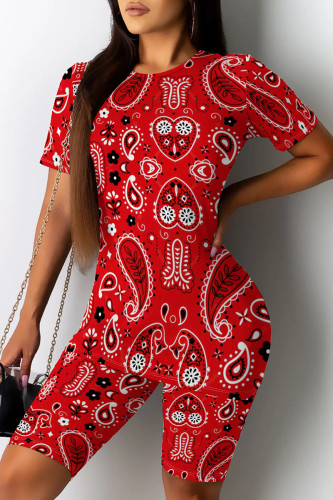 Red Casual Print Patchwork O Neck Short Sleeve Two Pieces
