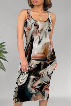 Black Casual Print Patchwork U Neck Wrapped Skirt Dresses