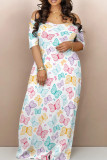 Rainbow Color Casual Butterfly Print Patchwork Off Shoulder Long Dresses
