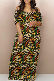 Black Brown Street Print Backless Patchwork Off Shoulder Long Dresses