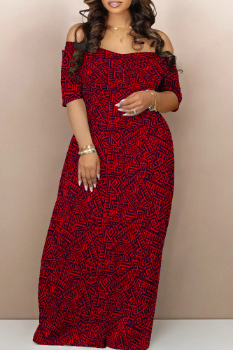 Red Street Print Backless Patchwork Off Shoulder Long Dresses