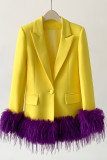 Yellow Feathers Decor Turn-back Collar Long Sleeve Formal Office Lady Blazer Jackets