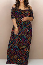 Black Brown Street Print Backless Patchwork Off Shoulder Long Dresses