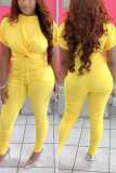 Yellow Fashion Casual Short Sleeve Trousers Two-piece Set