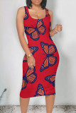 Red Casual Butterfly Print Contrast U Neck Printed Dresses