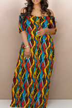 Blue Yellow Red Street Print Backless Patchwork Off Shoulder Long Dresses