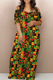 Black Brown Street Print Backless Patchwork Off Shoulder Long Dresses