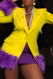 Yellow Feathers Decor Turn-back Collar Long Sleeve Formal Office Lady Blazer Jackets