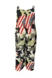 Olive Green Casual Camouflage Print Buttons Backless Spaghetti Strap Plus Size Jumpsuits