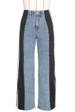 Blue Street Color Block Patchwork Buttons Zipper High Waist Loose Denim Jeans