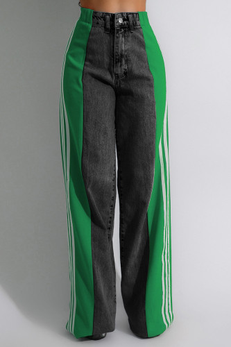 Black Green Street Color Block Patchwork Buttons Zipper High Waist Loose Denim Jeans