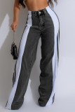 Blue Street Color Block Patchwork Buttons Zipper High Waist Loose Denim Jeans