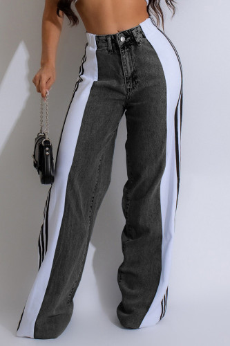 Black And White Street Color Block Patchwork Buttons Zipper High Waist Loose Denim Jeans