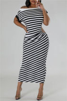 Black Casual Striped Print Hollow Out Patchwork Oblique Collar Long Dresses
