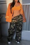 Army Green Casual Hip Hop Camouflage Print Straight High Waist Cargo Pants