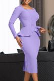 Purple Casual Daily Solid Color Slit Patchwork Square Neck Pencil Skirt Plus Size Dresses
