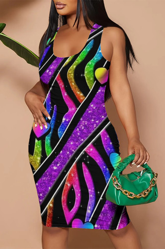 Purple Casual Geometric Print Animal Print Flowers Contrast U Neck Printed Dresses