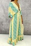 Yellow Casual Leopard Print Patchwork Deep V Neck Plus Size Jumpsuits