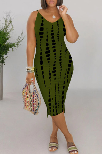 Army Green Casual Tie Dye Patchwork Spaghetti Strap Sling Dresses