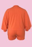 Orange Casual Solid Color Pocket Buttons V Neck Plus Size Two Pieces