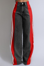 Black Red Street Color Block Patchwork Buttons Zipper High Waist Loose Denim Jeans