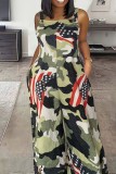 Olive Green Casual Camouflage Print Buttons Backless Spaghetti Strap Plus Size Jumpsuits