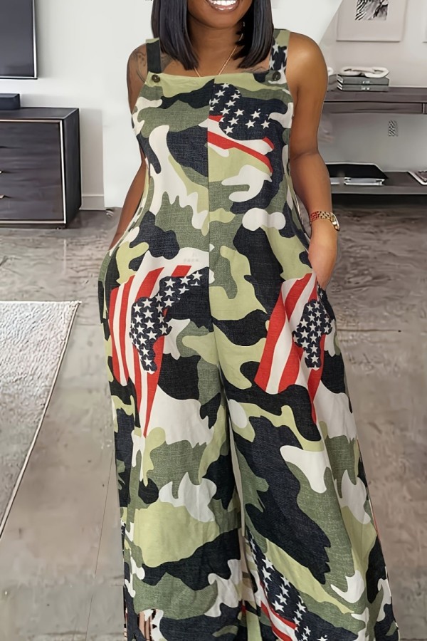 Olive Green Casual Camouflage Print Buttons Backless Spaghetti Strap Plus Size Jumpsuits