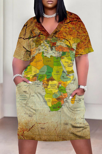 Brown Casual Geometric Print Letter Print Pocket Contrast V Neck Printed Plus Size Dresses