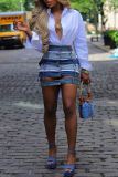 Blue Sexy Patchwork Hollow Out Pocket Buttons High Waist Skinny Denim Skirts
