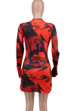 Red Celebrities Print Slit Patchwork O Neck Wrapped Skirt Dresses