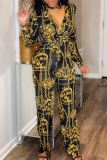 Black Casual Print Deep V Neck Skinny Jumpsuits
