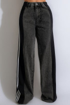Cowboy Black Street Color Block Patchwork Buttons Zipper High Waist Loose Denim Jeans