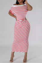 Pink Casual Striped Print Hollow Out Patchwork Oblique Collar Long Dresses