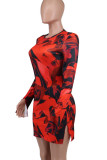 Red Celebrities Print Slit Patchwork O Neck Wrapped Skirt Dresses