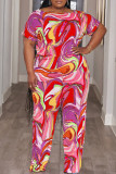 Green Casual Print Basic O Neck Plus Size Two Pieces