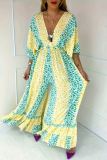 Yellow Casual Leopard Print Patchwork Deep V Neck Plus Size Jumpsuits