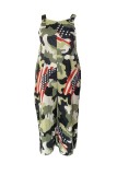 Olive Green Casual Camouflage Print Buttons Backless Spaghetti Strap Plus Size Jumpsuits