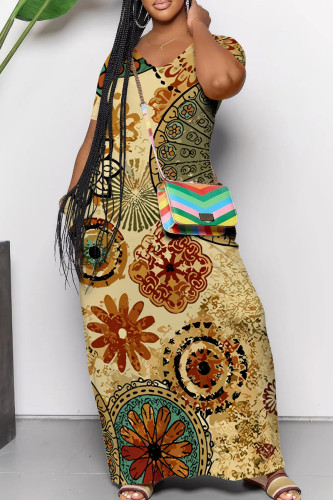 Yellow Casual Print Pocket Patchwork V Neck Long Dresses