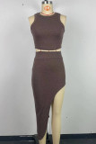 Coffee Celebrities Solid Color Slit Patchwork O Neck Sleeveless Two Pieces