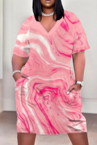 Pink Casual Print Pocket Patchwork V Neck Long Plus Size Dresses