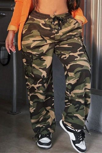 Army Green Casual Hip Hop Camouflage Print Straight High Waist Cargo Pants
