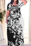 Blue Purple Casual Print Patchwork O Neck Straight Dresses