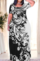 Black And White Casual Print Patchwork O Neck Straight Dresses