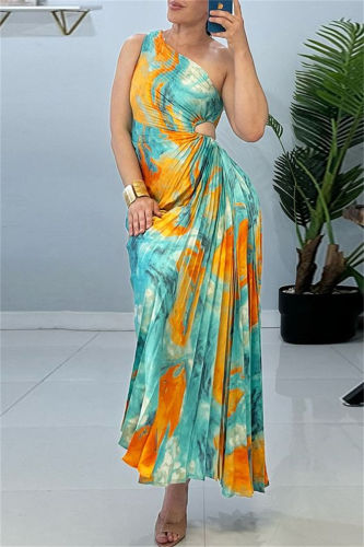 Ink Green Casual Print Hollow Out Backless Oblique Collar Long Dresses